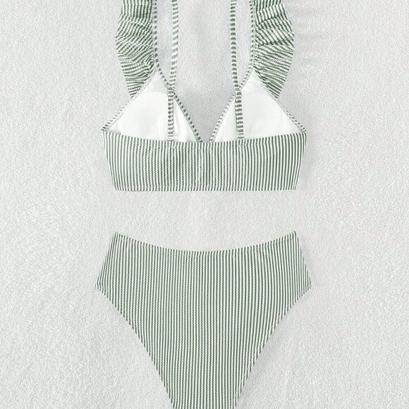 Green Women's Swim Summer Beach Striped Ruffle Trim Bikini Swimsuit - Picture 3 of 6
